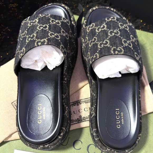 💯🌺 GUCCI Angelina GG logo denim platform slides sandals - Picture 4 of 12